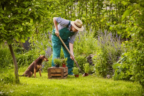 Gardeners working safely in a residential garden