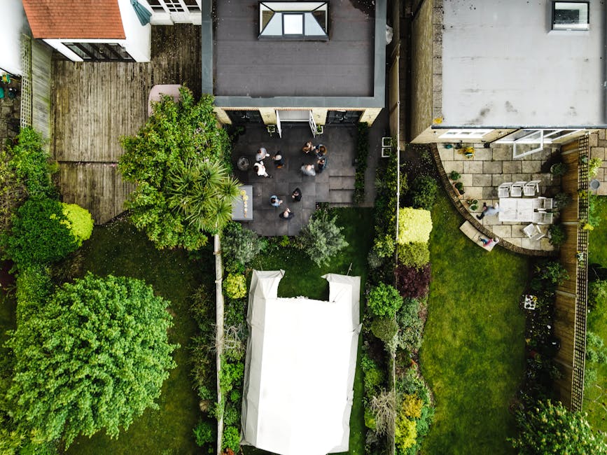 An aerial black-and-white view of a residential garden and surrounding houses, showcasing a well-maintained backyard with a mix of grassy lawn areas, garden beds, and paved pathways. Several mature tr