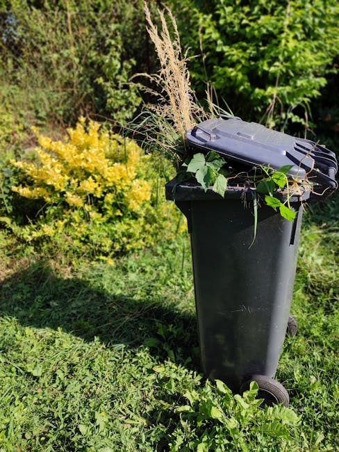 A black wheeled garden waste bin positioned on a patch of grass outdoors, filled with garden debris including tall, beige ornamental grasses, green leafy stems, and some wider leaves spilling over the